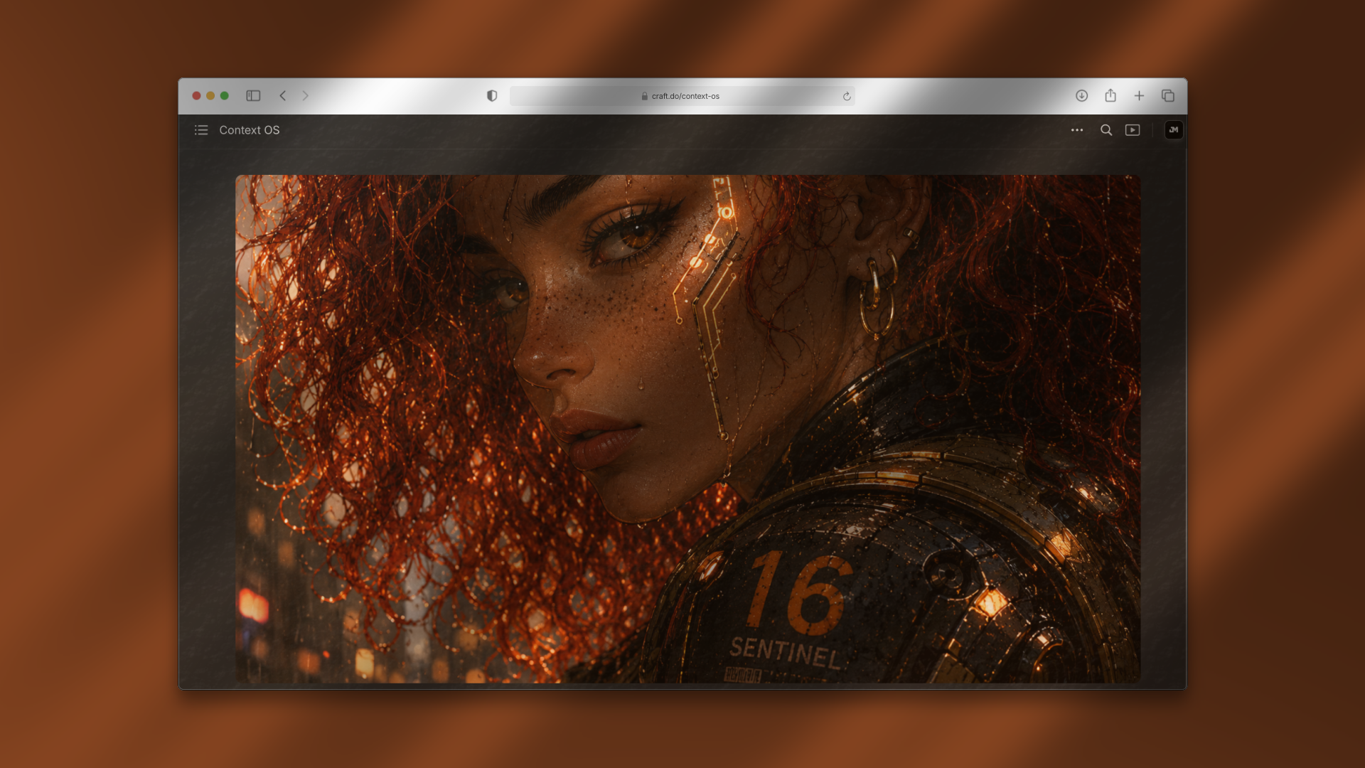 Context OS open in a browser with a cinematic Sentinel 16 portrait.