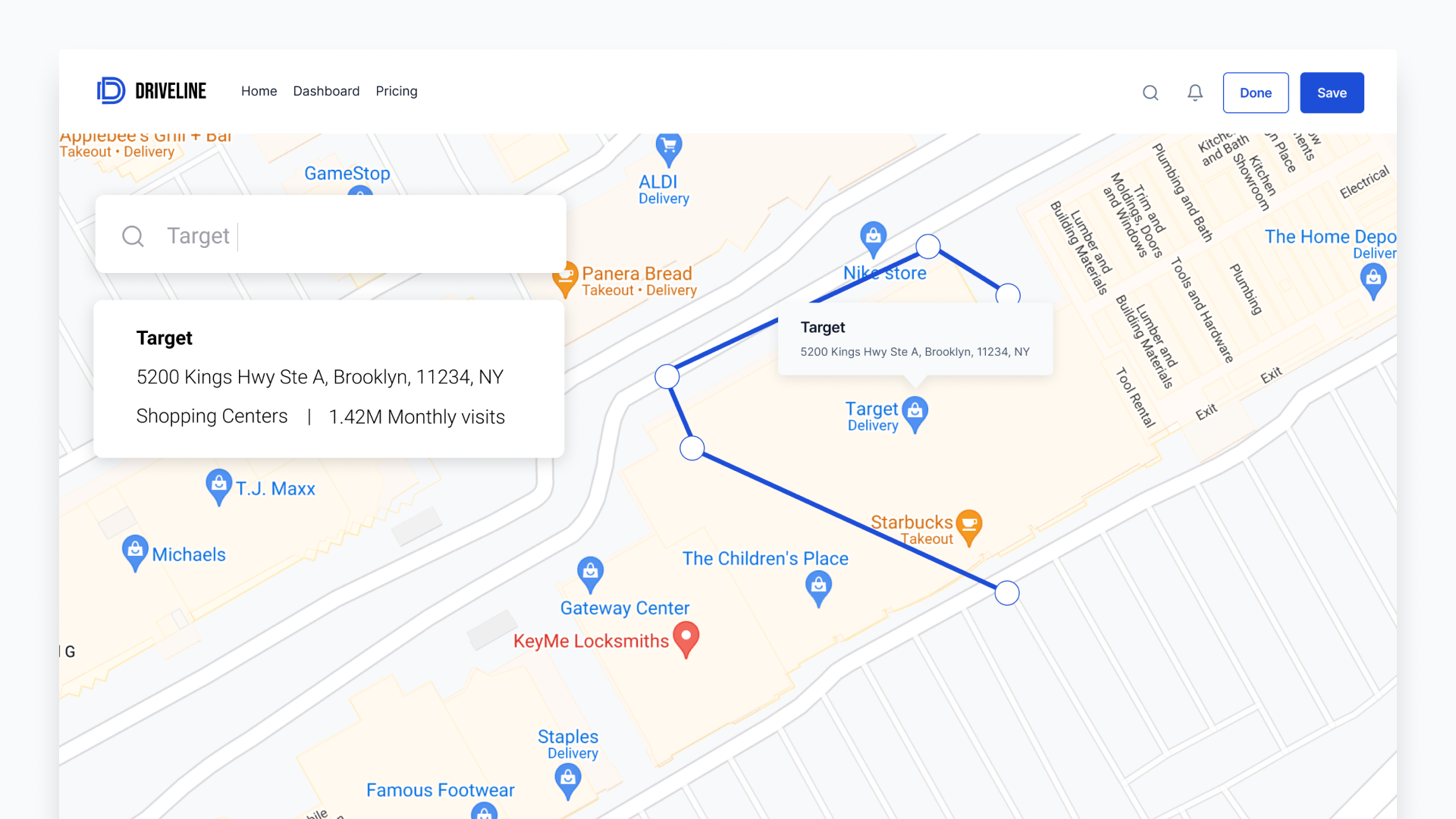 Driveline geofencing interface outlining a retail location on a map.