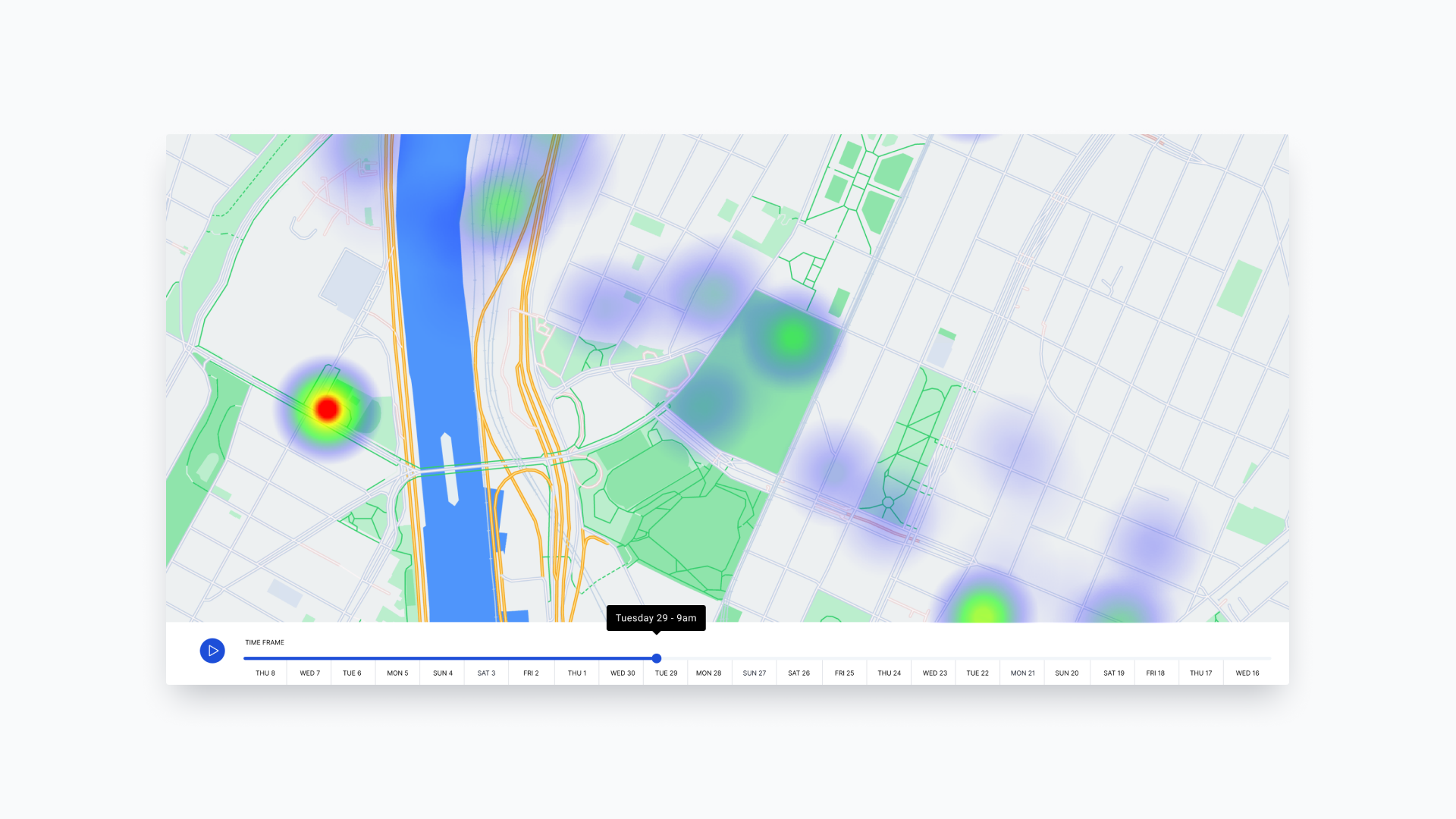 Driveline location heatmap with a date and time playback control.