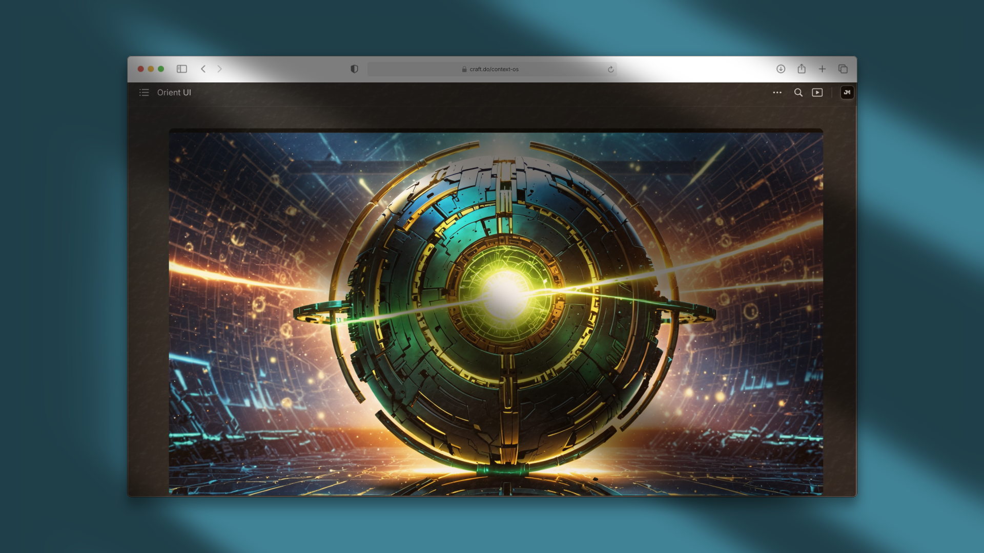 Orient UI open in a browser with a luminous mechanical sphere representing orientation and context.